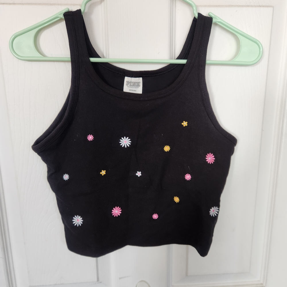 PINK Victoria's Secret Black Crop Top with Floral Accents